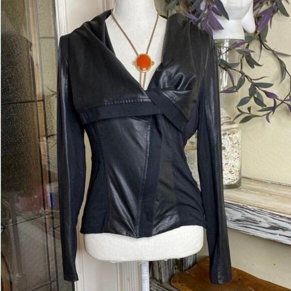 Jessica Simpson Cowl Neck Shawl Faux Leather Jacket Brown Drape Zip Size Small - Picture 3 of 5